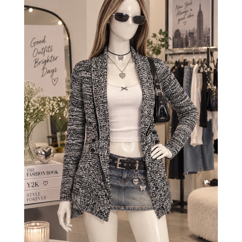 Womens Black White Marled Knit Open Front Cardigan Y2K Shawl Collar Sweater M